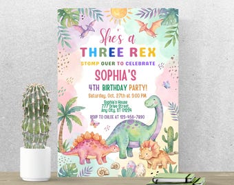 Convite de aniversário com tema de dinossauros, incluindo três Rex, para festa de aniversário feminina (modelo editável no Canva)