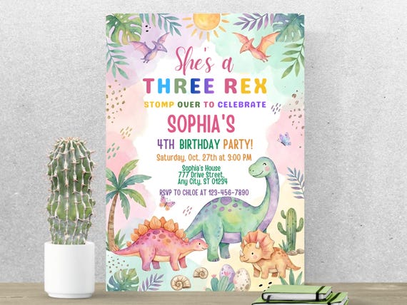 Three Rex Dinosaur Birthday Invitation, Girl Dino Party (Editable Canva Template)