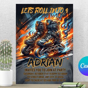 Op de afbeelding: Een uitnodiging met een levendig ontwerp met inline skates in vlammen. De tekst "LETS ROLL INTO 4" en "ADRIAN" zijn prominent aanwezig. Extra tekst bevat feestdetails: datum, tijd, locatie en RSVP-informatie.