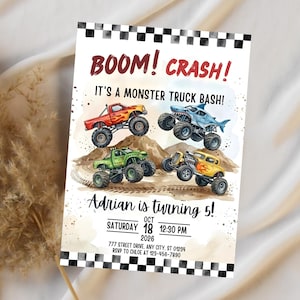 May include: A party invitation with a watercolor illustration of monster trucks. The text "BOOM! CRASH! It's a Monster Truck Bash!" is displayed in red and black. The invitation is for Adrian's 5th birthday, with the date, time, and location.
