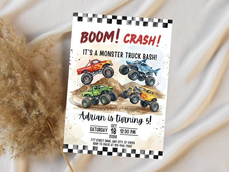 May include: A party invitation with a watercolor illustration of monster trucks. The text "BOOM! CRASH! It's a Monster Truck Bash!" is displayed in red and black. The invitation is for Adrian's 5th birthday, with the date, time, and location.