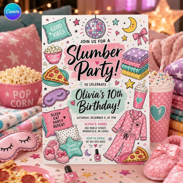 Slumber Party Birthday Invitation, Sleepover 10th Birthday Invite, Girls Pajama Spa Night Card, Disco Pizza, Canva Template B762