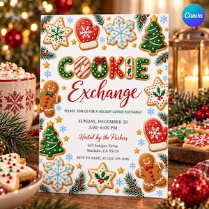 May include: A white rectangular invitation card featuring colorful cookie illustrations including gingerbread people, Christmas trees, mittens, snowflakes, and stars. The text reads Cookie Exchange, Please join us for a holiday cookie exchange, Sunday, December 20, 3:00-6:00 PM, Hosted by the Parkers, 653 Juniper Drive, Starlake, CA 95129, RSVP to Hazel at (202) 555-0186.