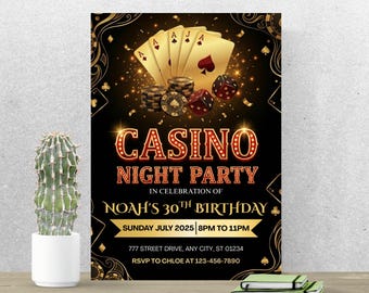 Zaproszenie na urodziny w kasynie, zaproszenie na imprezę w kasynie w Vegas, edytowalny szablon Canva A239