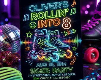 Rollin Into Birthday Roller Skate Invitation, Neon Skate Party Invite, Editable Canva Template A392