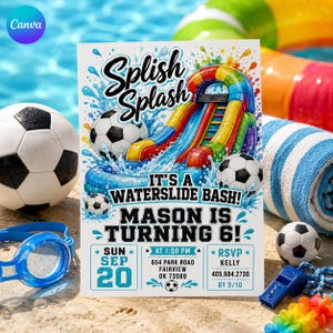 Peut inclure: Une carte d'invitation rectangulaire illustrée d'un toboggan gonflable coloré, de ballons de football et d'éclaboussures d'eau. Le texte indique : Splish Splash, It's a Waterslide Bash! Mason is turning 6! Sun Sep 20 at 1:00 PM, 654 Park Road, Fairview, OK 73069, RSVP Kelly 405.684.2730 by 9/10.
