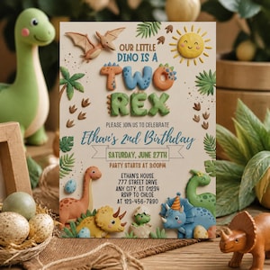 May include: A birthday invitation card featuring a dinosaur theme with the text Our Little Dino Is A Two Rex, Ethan's 2nd Birthday, Saturday, June 27th, party starts at 3:00pm, Ethan's House, 777 Street Drive, Any City, ST 01234, RSVP to Chloe at 123-456-7890.