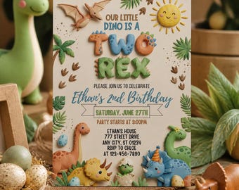 Puede incluir: Una tarjeta de invitación de cumpleaños con temática de dinosaurios con el texto Our Little Dino Is A Two Rex, Ethan's 2nd Birthday, Saturday, June 27th, party starts at 3:00pm, Ethan's House, 777 Street Drive, Any City, ST 01234, RSVP to Chloe at 123-456-7890.