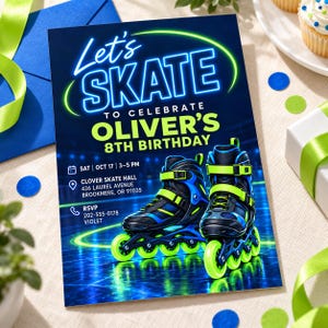 May include: A rectangular birthday invitation card featuring the text Let's Skate to celebrate Oliver's 8th birthday. The design includes two black and blue inline skates with bright neon green wheels and straps on a dark blue rink background.
