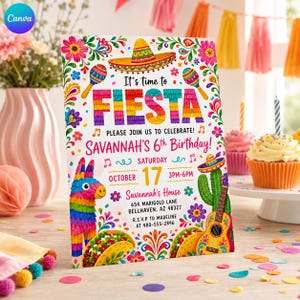 May include: A rectangular party invitation card featuring a colorful fiesta theme with a sombrero, maracas, a piñata, tacos, a guitar, and a cactus. The text reads: It's time to FIESTA, PLEASE JOIN US TO CELEBRATE!, SAVANNAH'S 6th Birthday!, OCTOBER 17.