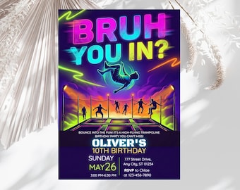 Invito di compleanno con trampolino, invito per festa di compleanno con trampolino per bambini, invito per festa di compleanno con salto, modello Canva A518 per parco trampolini per ragazzi