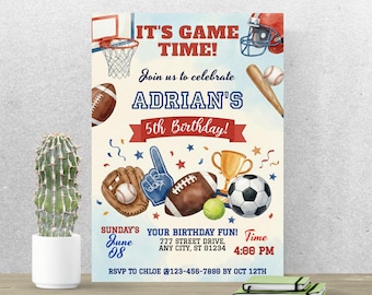 It’s Game Time Birthday Invitation, Sports Party Invite, Editable Canva Template A268
