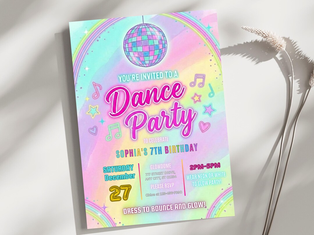 Dance Party Birthday Invitation, Pastel Neon Glow Party Invite Template ...