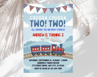 Chugga Chugga Two Two Train Birthday Invitation, Train 2nd Birthday Party Invite, All Aboard Train Birthday Invitation Template A527