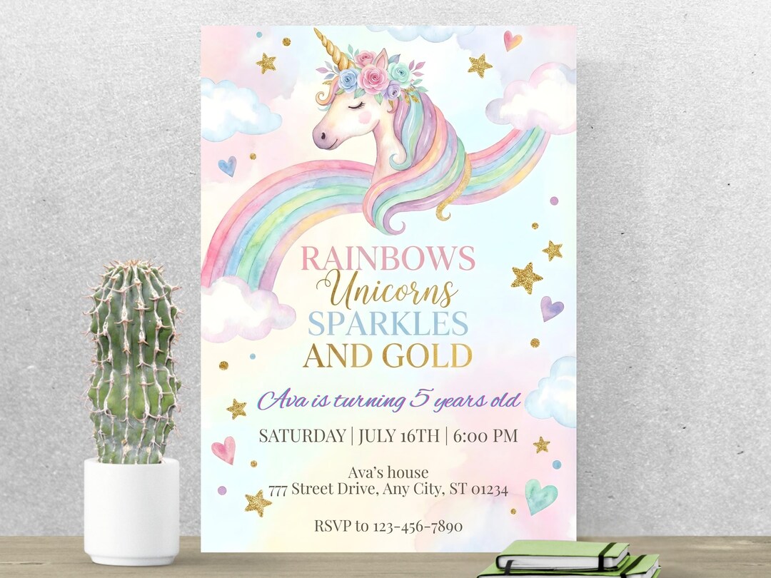 Rainbows Unicorns Sparkles and Gold Birthday Invitation, Pastel Unicorn ...