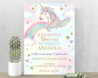 Rainbows Unicorns Sparkles And Gold Birthday Invitation, Pastel Unicorn Party Invite, Editable Canva Template A185