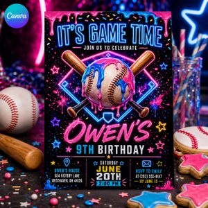 Puede incluir: Una tarjeta de invitación de cumpleaños con una pelota de béisbol y dos bates cruzados con gotas de pintura neón azul y rosa. El texto dice IT'S GAME TIME, JOIN US TO CELEBRATE, OWEN'S 9TH BIRTHDAY, SATURDAY JUNE 20TH 2:00 PM, OWEN'S HOUSE 654 VICTORY LANE, RSVP TO EMILY.