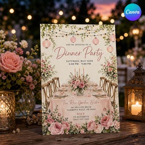May include: A dinner party invitation card featuring a cream background with a floral border of pink roses and greenery. The text reads: You're invited to a Dinner Party, Saturday, May 24th, 6:00 PM - 9:00 PM, The Rose Garden Bistro, 987 Willow Drive, Fairmont Hills, OR 58241, RSVP to Elizabeth (541) 555-7824.