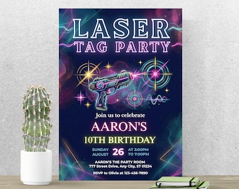 Laser Tag Birthday Invitation, Neon Laser Tag Party Invite, Editable Canva Template A223