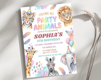May include: A colorful party invitation with the text "CALLING ALL PARTY ANIMALS" and "SOPHIA'S 5TH BIRTHDAY". The invitation features watercolor illustrations of a tiger, lion, giraffe, zebra, and elephant, all wearing party hats and sunglasses.