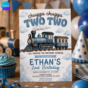 May include: A birthday invitation card featuring a blue steam train illustration, clouds, and the text chugga chugga TWO TWO, ALL ABOARD THE BIRTHDAY EXPRESS TO CELEBRATE ETHAN'S 2nd Birthday, Sunday, November 15th, at 3:00PM, Parker's House, 428 Maple Road, Fairview, OH 44126, RSVP TO OLIVIA AT 555-274-6831.