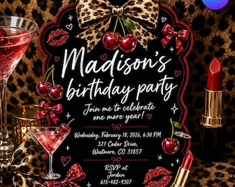 Leopard Birthday Invitation, Cherry Cocktail Party Invite, Glam Leopard Bow Birthday Template, Canva Template