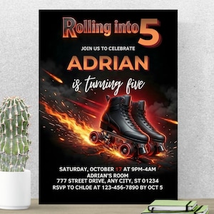 Rolschaatsen verjaardagsuitnodiging | Rolling In 5 Verjaardagsuitnodiging | Fire Flame rolschaatsfeest jongens | 5e verjaardag bash PA053