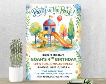 Party in the Park Birthday Invitation, Playground Birthday Party Invite, Editable Canva Template A266