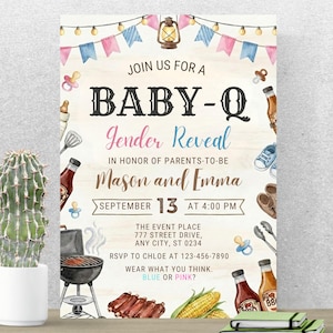 May include: A baby shower invitation with a BBQ theme. The invitation features the text "BABY-Q Gender Reveal" with illustrations of baby items, food, and a grill. The invitation is for Mason and Emma, with the event on September 13th at 4:00 PM.