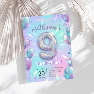 May include: A birthday invitation with a holographic design. The invitation features the name "Alison's" and a large number "9" in a silver balloon style. The text "9th BIRTHDAY!" is also visible, along with the date and time.