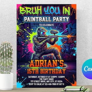 Convite de aniversário com tema de paintball, convite para festa "Bruh You In", aniversário com respingos de tinta neon, tema de laser tag para adolescente, modelo Canva A969