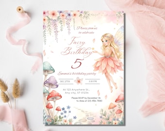 Invitación de cumpleaños editable de hada de acuarela para fiesta en el jardín (descarga digital)
