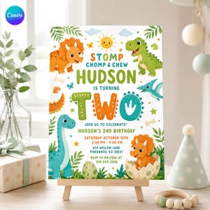 May include: A rectangular birthday invitation card featuring colorful cartoon dinosaurs, foliage, and the text STOMP CHOMP & CHEW HUDSON IS TURNING TWO. Includes event details for Saturday October 10th, 2:00 PM - 4:00 PM at 654 Willow Lane, Pinehaven, CO 58241.