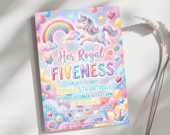 May include: A colorful invitation for a princess-themed birthday party. The design features a unicorn, rainbow, and the text "Her Royal Fiveness." Additional text includes party details such as the date, time, and location.