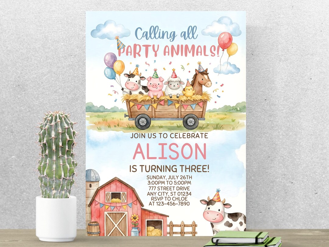 Party Animals Birthday Invitation, Farm Animal Party Invite, Editable ...