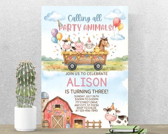 Party Animals Birthday Invitation, Farm Animal Party Invite, Editable Canva Template A200
