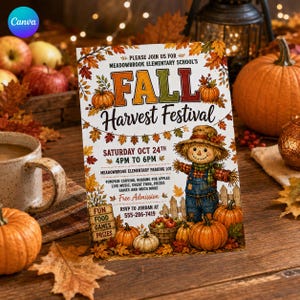 Puede incluir: Un folleto rectangular para el Festival de la Cosecha de Otoño de la Escuela Primaria Meadowbrook el 24 de octubre. El diseño presenta un espantapájaros, calabazas y hojas de otoño. El texto incluye detalles del evento y el número 555-286-7419.