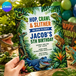 May include: A rectangular birthday party invitation featuring a jungle theme with illustrations of a green snake, a blue and orange lizard, a spotted lizard, and a blue alligator. The text reads Hop, Crawl & Slither on over to party Jacob's 5th Birthday, Saturday, April 18th, 2:30 - 4:30 PM, Jacob's House, 654 Maple Street, Austin TX 78745, RSVP to Emily at 555-314-7826.