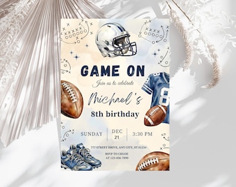 Inbjudan till födelsedagsfest med Game On Football, inbjudan till sportfödelsedagsfest, redigerbar Canvas-mall A126