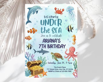 Modèle de faire-part d'anniversaire sous la mer, animaux de l'océan, invitation anniversaire vie marine, enfants sous la mer