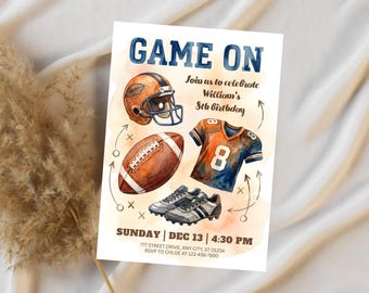 May include: Watercolor invitation with the words "GAME ON" in blue. The invitation features a football helmet, football, jersey, and sneakers. The invitation is for William's 5th birthday, Sunday, December 13, 4:30 PM.
