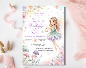 May include: A whimsical fairy-themed birthday party invitation. The design features a fairy illustration with a lantern, surrounded by flowers and butterflies. The invitation includes the text "Fairy Birthday 5" and party details.