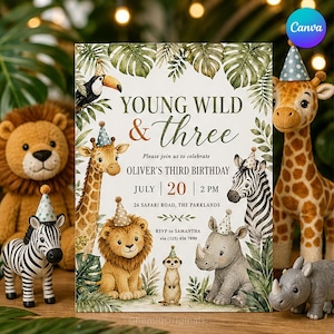 Op de afbeelding: Een rechthoekige verjaardagsuitnodigingskaart met aquarelillustraties van een toekan, giraffe, leeuw, zebra en neushoorn met feesthoedjes, omringd door tropische bladeren. De tekst luidt: YOUNG WILD & THREE, OLIVER'S THIRD BIRTHDAY, JULY 20, 2 PM, 26 SAFARI ROAD, THE PARKLANDS, RSVP TO SAMANTHA (123) 456 7890.