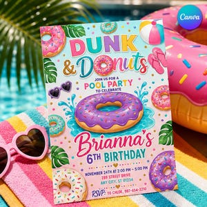 May include: A rectangular party invitation card featuring the text Dunk & Donuts, Join us for a pool party to celebrate Brianna's 6th birthday, November 24th at 2:00 PM - 5:00 PM, 789 Street Drive, Any City, 987-654-3210, RSVP: to Chloe.