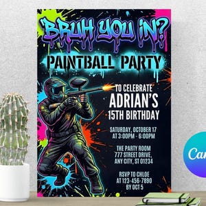 Convite de aniversário com tema de paintball, convite para festa "Bruh You In", aniversário com respingos de tinta neon, tema de laser tag para adolescente, modelo Canva A970