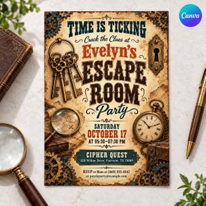 Könnte beinhalten: Eine rechteckige Einladung für Evelyn's Escape Room Party mit altem Kartenhintergrund, Messingschlüsseln, Lupe, Taschenuhr und Zahnrädern. Der Text enthält Time is Ticking, Saturday October 17, 05:30-07:30 PM, Cipher Quest, 428 Willow Drive, Fairview, TX 75069 sowie RSVP to Mom at (469) 555-0147 oder puzzleparty@example.com.