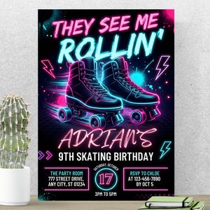 Roller Skating Birthday Invitation, They See Me Rollin Invite, Retro Neon Skate Party Theme, Boys Glow Disco Bash, Canva Template PA016