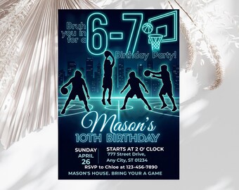 Neon Basketball Birthday Invitation, Boys Basketball Party Invite, Sports Birthday Invite for Kids, Glow Basketball Canva Template