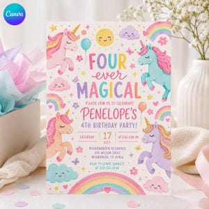 May include: A rectangular birthday party invitation card featuring four colorful unicorns, rainbows, clouds, and a yellow sun. The text reads: Four ever magical, please join us to celebrate Penelope's 4th birthday party, Saturday 17 Oct, 2:00-5:00 PM.