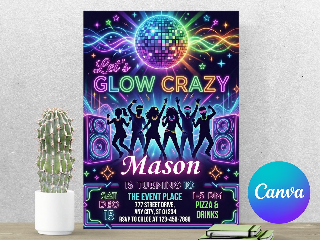 Neon Glow Party Birthday Invitation Editable Canva Template Glow Crazy ...